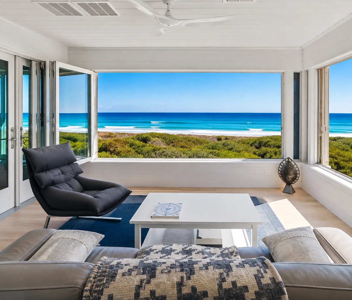 Delray Beach beachfront sunroom decorated with high-end used furnishings from Past Perfect Decor